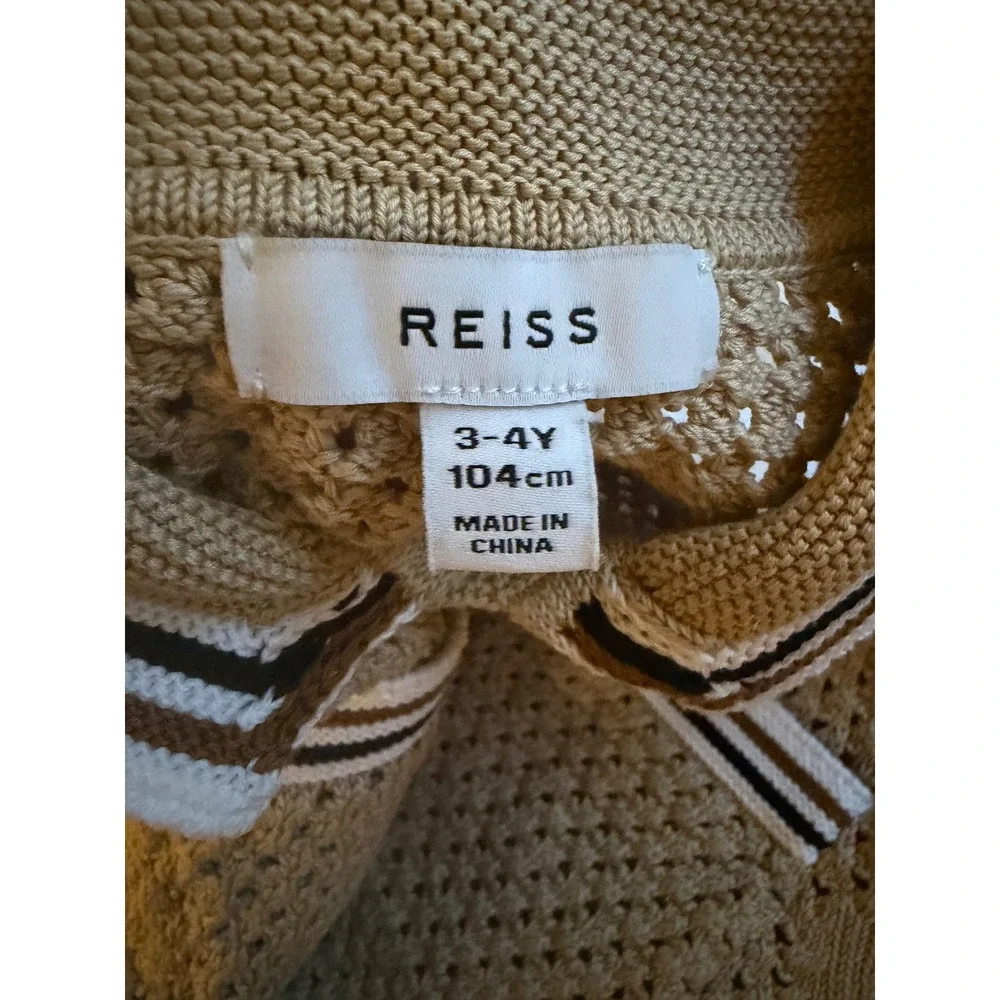 New Reiss Coulson Jr Boys Soft Taupe Crochet Knit Contrast Trim Shirt 3-4Y 104cm